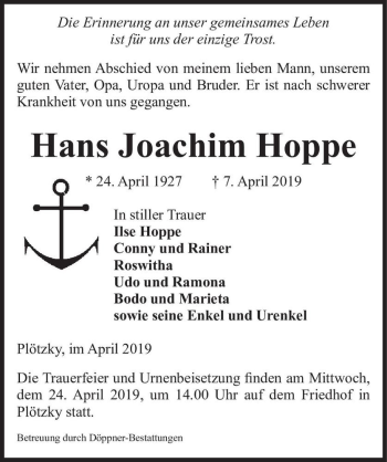 Traueranzeige von Hans Joachim Hoppe  von Magdeburger Volksstimme