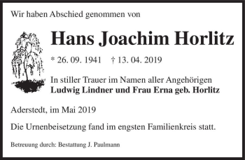 Traueranzeige von Hans Joachim Horlitz  von Magdeburger Volksstimme