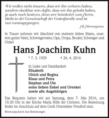 Traueranzeige von Hans Joachim Kuhn  von Magdeburger Volksstimme