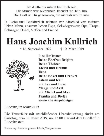 Traueranzeige von Hans Joachim Kullrich  von Magdeburger Volksstimme