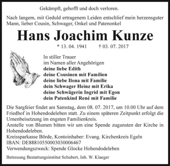 Traueranzeige von Hans Joachim Kunze  von Magdeburger Volksstimme