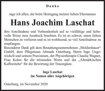 Traueranzeige von Hans Joachim Laschat  von Magdeburger Volksstimme