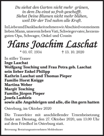 Traueranzeige von Hans Joachim Laschat  von Magdeburger Volksstimme