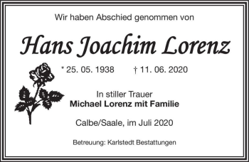 Traueranzeige von Hans Joachim Lorenz  von Magdeburger Volksstimme