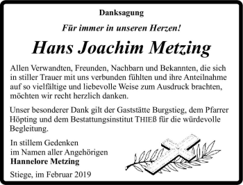 Traueranzeige von Hans Joachim Metzing  von Magdeburger Volksstimme