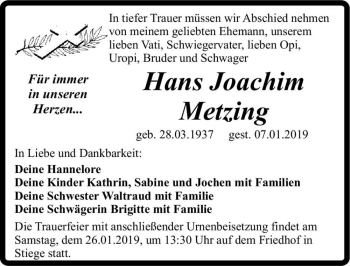 Traueranzeige von Hans Joachim Metzing  von Magdeburger Volksstimme