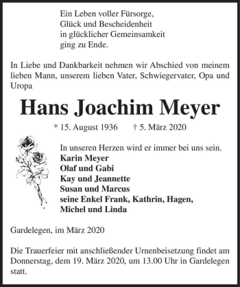 Traueranzeige von Hans Joachim Meyer  von Magdeburger Volksstimme