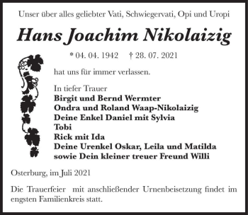 Traueranzeige von Hans Joachim Nikolaizig  von Magdeburger Volksstimme