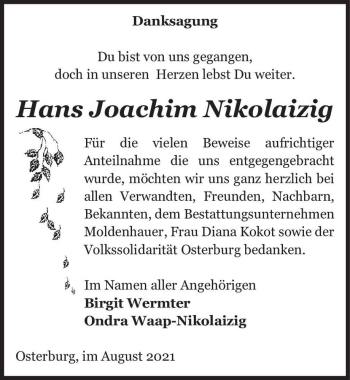 Traueranzeige von Hans Joachim Nikolaizig  von Magdeburger Volksstimme