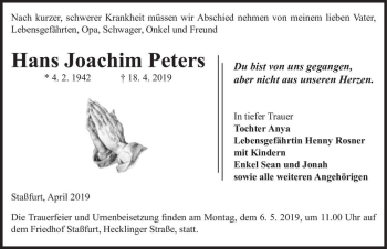 Traueranzeige von Hans Joachim Peters  von Magdeburger Volksstimme
