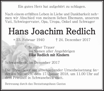 Traueranzeige von Hans Joachim Redlich  von Magdeburger Volksstimme