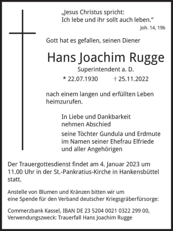 Traueranzeige von Hans Joachim Rugge  von Magdeburger Volksstimme