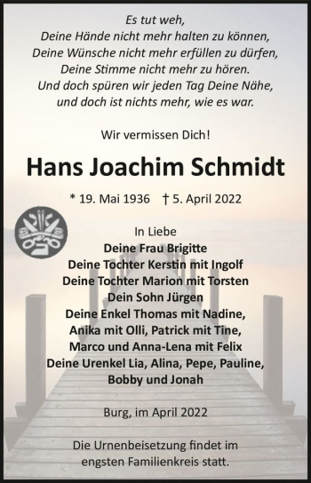 Traueranzeige von Hans Joachim Schmidt  von Magdeburger Volksstimme