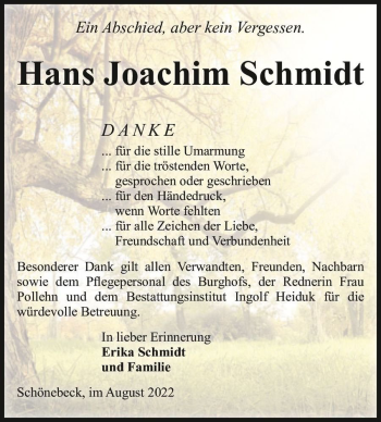 Traueranzeige von Hans Joachim Schmidt  von Magdeburger Volksstimme