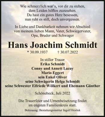 Traueranzeige von Hans Joachim Schmidt  von Magdeburger Volksstimme