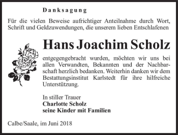 Traueranzeige von Hans Joachim Scholz  von Magdeburger Volksstimme