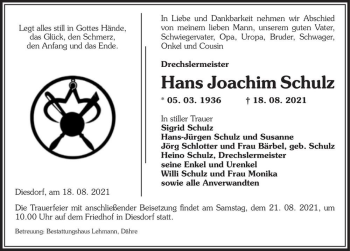 Traueranzeige von Hans Joachim Schulz  von Magdeburger Volksstimme