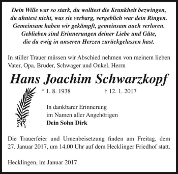 Traueranzeige von Hans Joachim Schwarzkopf  von Magdeburger Volksstimme
