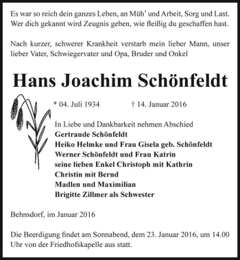 Traueranzeige von Hans Joachim Schönfeldt  von Magdeburger Volksstimme