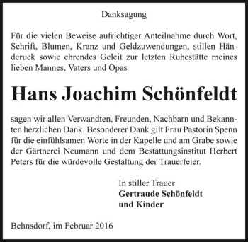 Traueranzeige von Hans Joachim Schönfeldt  von Magdeburger Volksstimme