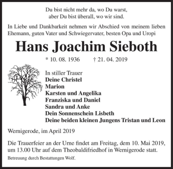 Traueranzeige von Hans Joachim Sieboth  von Magdeburger Volksstimme