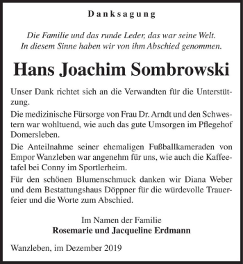 Traueranzeige von Hans Joachim Sombrowski  von Magdeburger Volksstimme