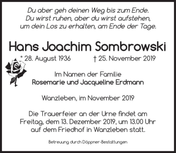 Traueranzeige von Hans Joachim Sombrowski  von Magdeburger Volksstimme