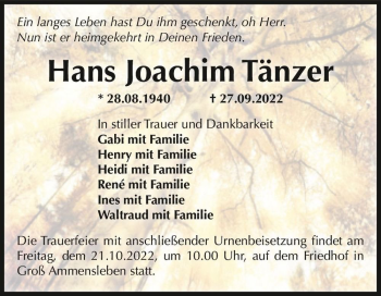 Traueranzeige von Hans Joachim Tänzer  von Magdeburger Volksstimme