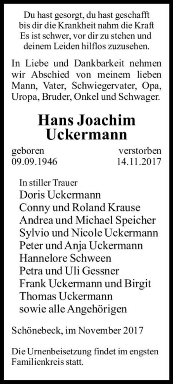 Traueranzeige von Hans Joachim Uckermann  von Magdeburger Volksstimme