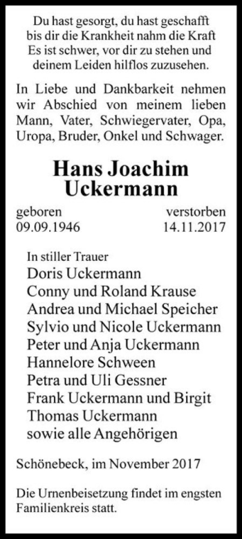 Traueranzeige von Hans Joachim Uckermann  von Magdeburger Volksstimme