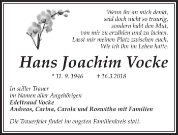 Traueranzeige von Hans Joachim Vocke  von Magdeburger Volksstimme