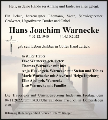 Traueranzeige von Hans Joachim Warnecke  von Magdeburger Volksstimme