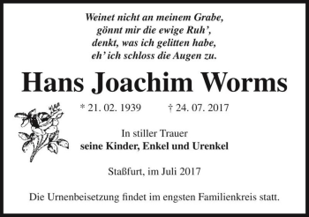 Traueranzeige von Hans Joachim Worms  von Magdeburger Volksstimme