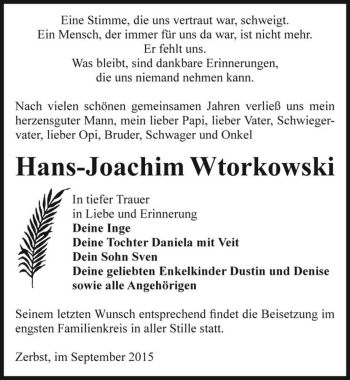 Traueranzeige von Hans Joachim Wtorkowski  von Magdeburger Volksstimme
