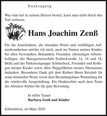 Traueranzeige von Hans Joachim Zenß  von Magdeburger Volksstimme