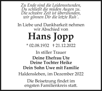Traueranzeige von Hans Jopp  von Magdeburger Volksstimme