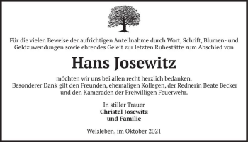 Traueranzeige von Hans Josewitz  von Magdeburger Volksstimme