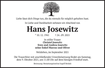 Traueranzeige von Hans Josewitz  von Magdeburger Volksstimme