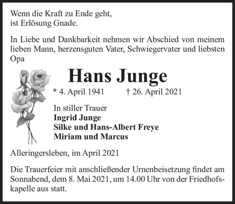  Traueranzeige für Hans Junge  vom 28.04.2021 aus Magdeburger Volksstimme