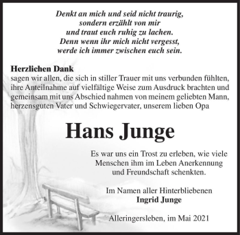 Traueranzeige von Hans Junge  von Magdeburger Volksstimme