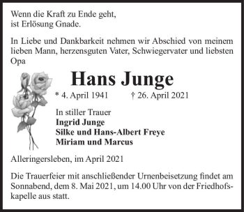 Traueranzeige von Hans Junge  von Magdeburger Volksstimme