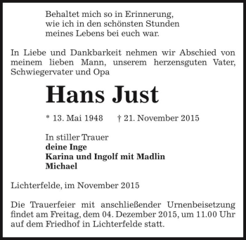 Traueranzeige von Hans Just  von Magdeburger Volksstimme