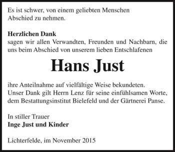 Traueranzeige von Hans Just  von Magdeburger Volksstimme