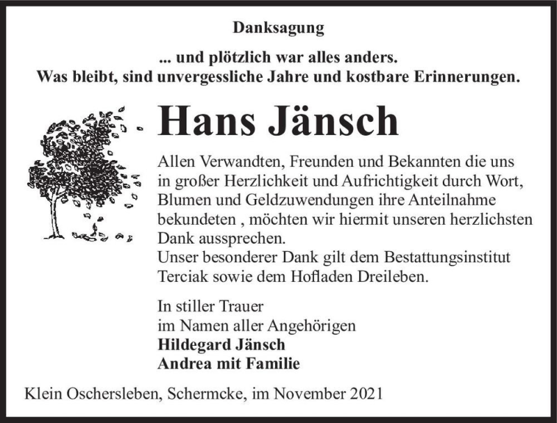  Traueranzeige für Hans Jänsch  vom 27.11.2021 aus Magdeburger Volksstimme