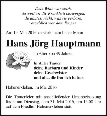 Traueranzeige von Hans Jörg Hauptmann  von Magdeburger Volksstimme