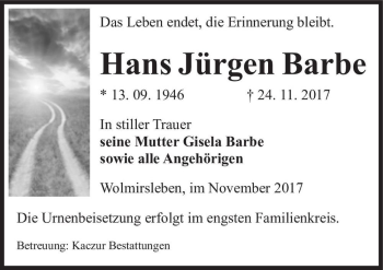 Traueranzeige von Hans Jürgen Barbe  von Magdeburger Volksstimme