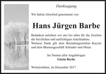 Traueranzeige von Hans Jürgen Barbe  von Magdeburger Volksstimme