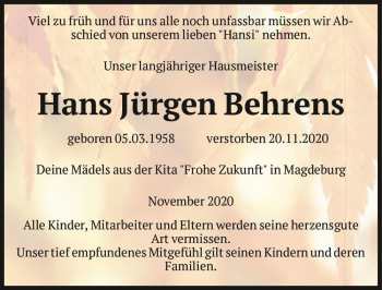 Traueranzeige von Hans Jürgen Behrens  von Magdeburger Volksstimme