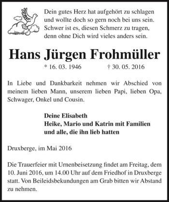 Traueranzeige von Hans Jürgen Frohmüller  von Magdeburger Volksstimme