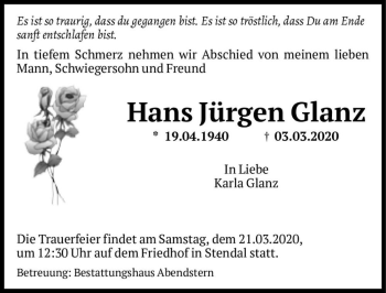 Traueranzeige von Hans Jürgen Glanz  von Magdeburger Volksstimme